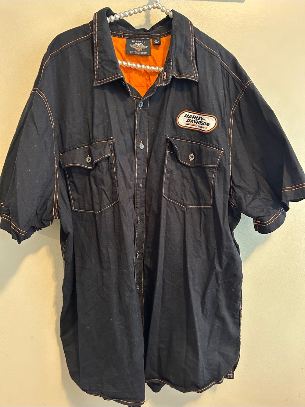 Harley Davidson Mens Racing Work Shirt 3XL Black Cotton Button Up Mechanic Patch